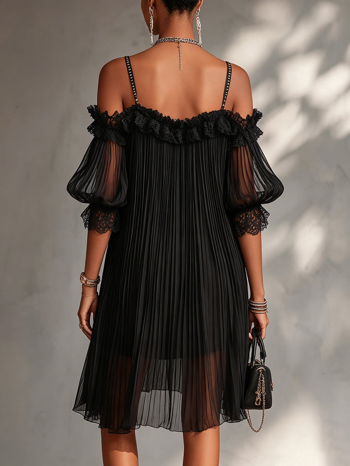 CAMILLE | BLACK OFF-SHOULDER MINI DRESS WITH LACE TRIM